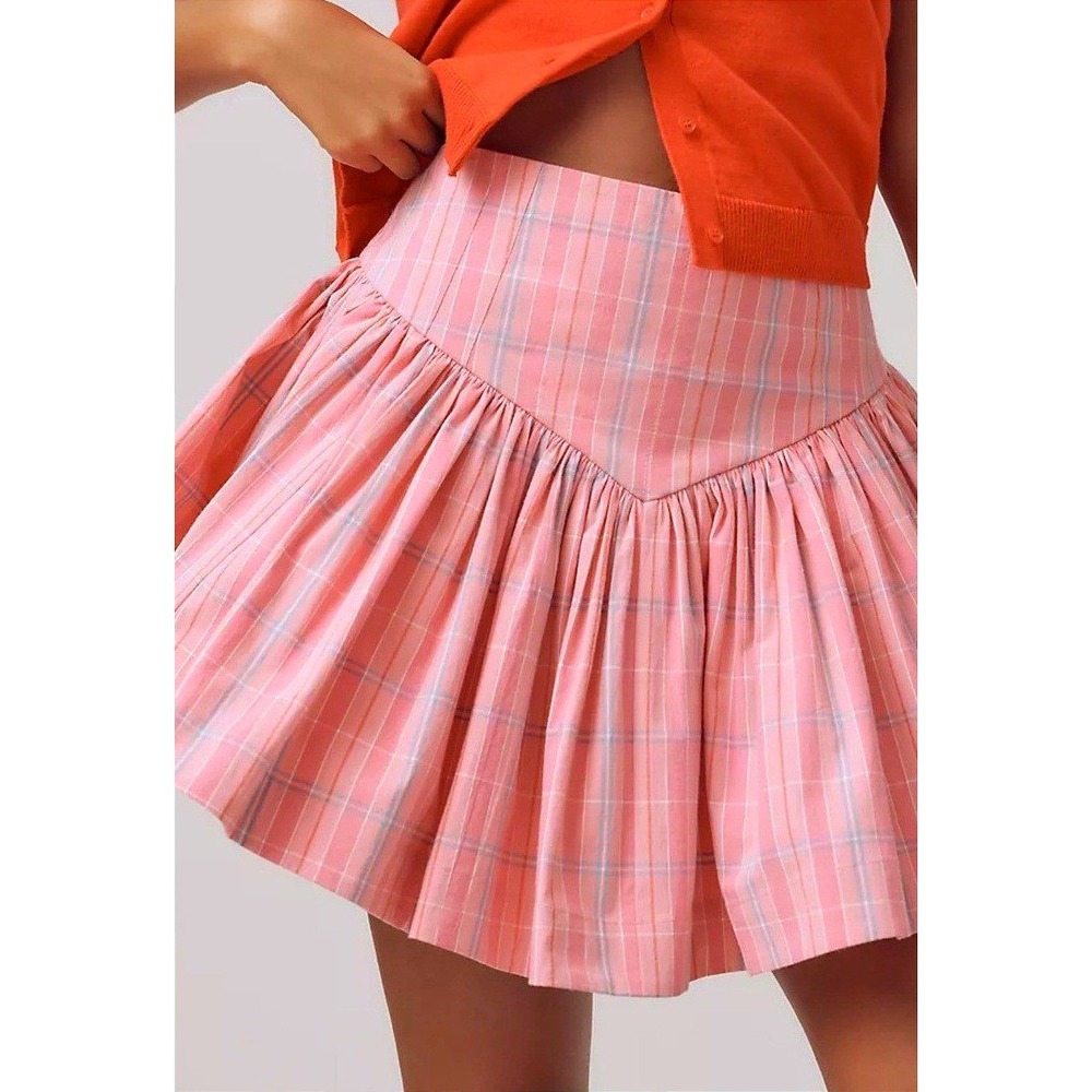 Anthropologie Maeve Basque-Waist Pink Mini Skirt Skort‎ Ruffle V Waist M NEW